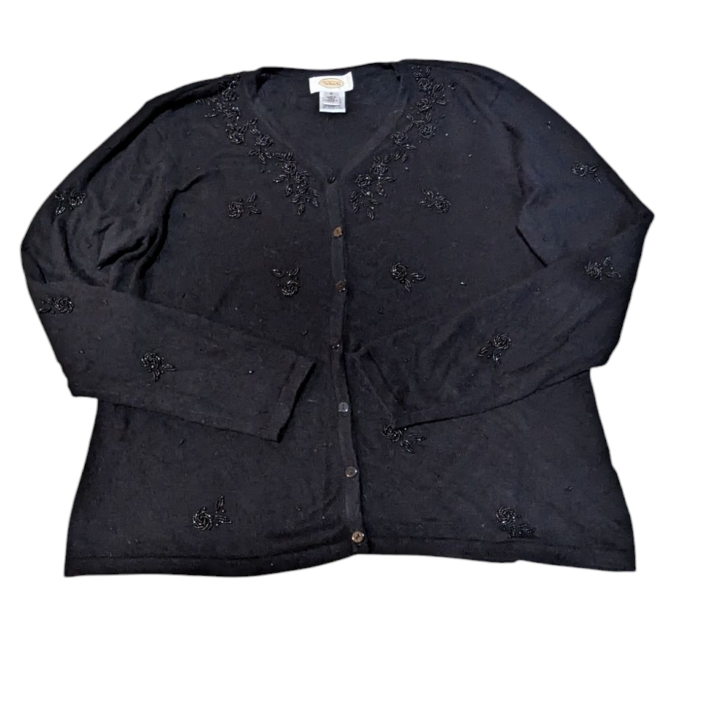 Talbot's Cardigan Beaded Black Silk Cashmere Button Up Sweater Medium Preppy